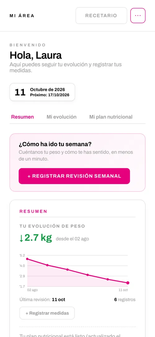 Inicio de la app de cliente de Pablo García con el botón de revisión semanal