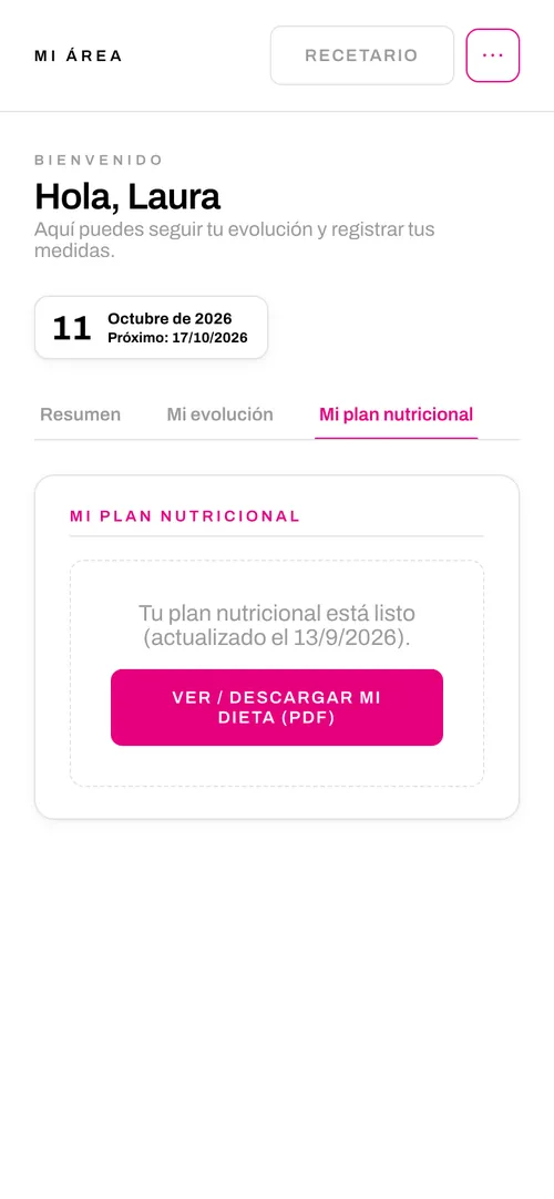 Plan nutricional en la app de cliente de Pablo García