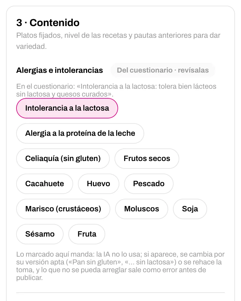 Configurador de la pauta: bloque de alergias e intolerancias con la intolerancia a la lactosa marcada.