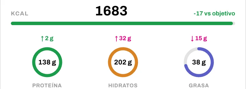 Resumen del día en el editor: kcal y gramos de proteína, hidratos y grasa frente al objetivo.